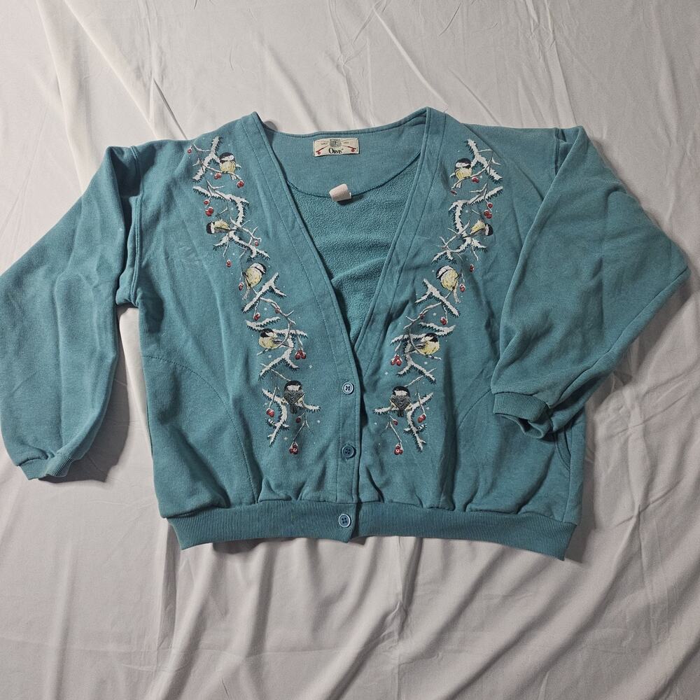 Vintage Orvis Womens Blue Embroidered Cardigan Sweater Floral Cottagecore